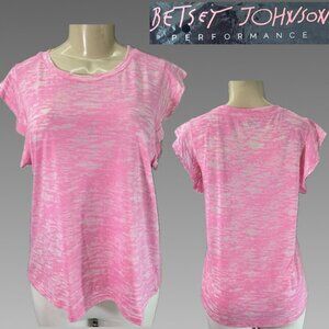 Betsey Johnson Performance L Pink Space-Dye Crew Neckline Ruffle Cap Sleeve Tee